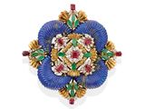 broche bleue et dorée ornée de pierres rouges, vertes et blanches