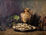 tableau représentant une nature morte avec des huîtres et des bouteilles de vin