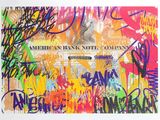 painting of a bank note covered in graffiti with a lot of writing on it