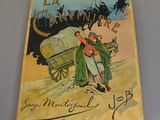 an old book with a picture of a man pulling a wagon