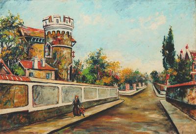 tableau représentant une femme marchant dans une rue, avec un château en arrière-plan
