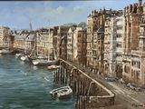 a painting of a city by the water with boats in it