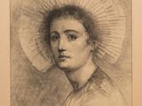 portrait d'une femme portant un bonnet et un éventail sur la tête