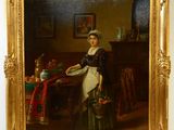 un vieux tableau représentant une femme tenant un plateau avec de la nourriture