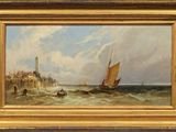 an image of a painting of boats in the water near a lighthouse