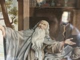 painting of a man with a white beard and a long white beard holding a staff