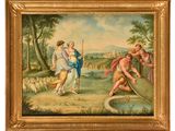 an oil painting on canvas of a biblical scene with a shepherd and sheep