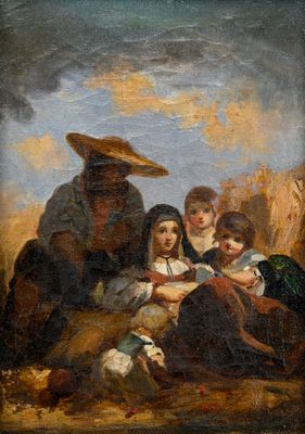 une image représentant un tableau où l'on voit un homme, deux enfants et un chien
