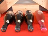 several bottles of wine are lined up on a red cloth