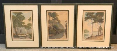trois photos encadrées représentant des arbres et un banc devant un mur