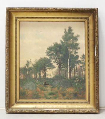 une peinture à l'huile représentant un paysage avec des arbres et des buissons, dans un cadre doré
