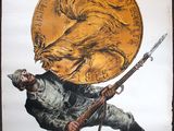 affiche représentant un soldat tenant une pièce d'or sur laquelle figure un lion