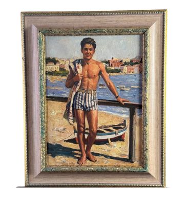 tableau représentant un homme debout sur une plage, tenant une serviette
