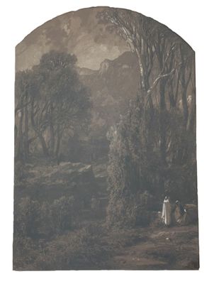 painting of a woman and a dog in a wooded landscape