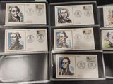 six different stamps are on a black surface with a green envelope
