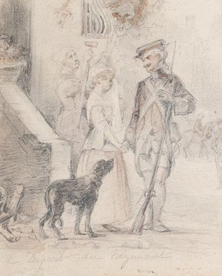 dessin représentant un homme et une femme accompagnés d'un chien devant un immeuble