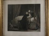 painting of a man and a woman sitting on a bed with a dog