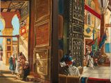 two paintings of a street scene with a man sitting on a bench in front of a building