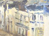a painting of a building on the side of the street