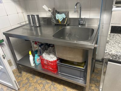a stainless steel sink in a kitchen with a counter top