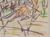 drawing of a man riding a horse in front of a group of people