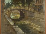 une peinture à l'huile représentant un pont enjambant une rivière dans une ville