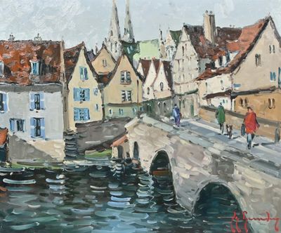 a painting of people walking on a bridge over a river