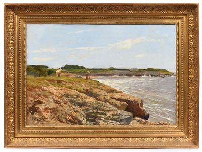 an image of a painting of a rocky shore with a boat in the water