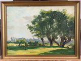 an oil painting of trees in a field with a sky in the background