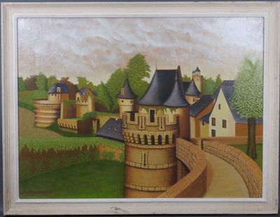 tableau représentant un château avec un chemin qui y mène