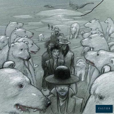 un dessin représentant un groupe d'ours polaires dans un champ