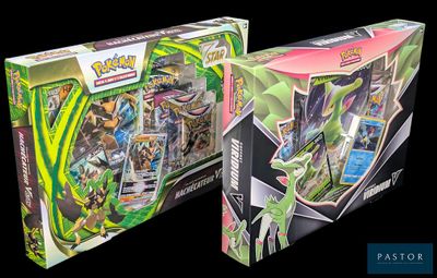 two boxes of pokemon trading cards are shown on a black background