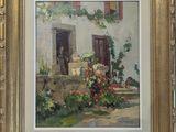 une image représentant un tableau d'une maison avec un jardin fleuri devant