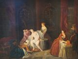 painting of a group of people in a room with a man in a bathtub
