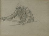 dessin au crayon représentant un homme avec une batte de baseball posée sur une table
