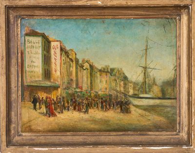 une peinture à l'huile représentant un groupe de personnes devant un bâtiment