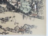 a picture of a drawing of a town on a hill
