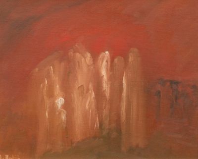 an image of a painting of a group of people standing in front of a red sky