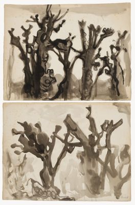 deux dessins en noir et blanc représentant des arbres avec des oiseaux