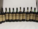 several bottles of wine are lined up in a row on a table
