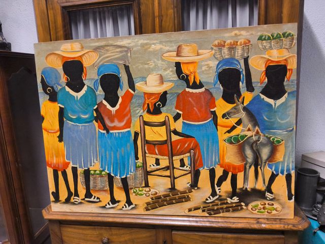 École Haïtienne « personnages en bord de mer ». Huile ou acryliqu...