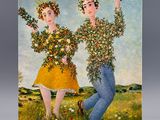 painting of two people in a field with flowers and a bird