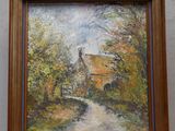 an oil painting of a country road with a house in the background