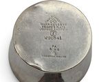 an image of a silver plate with a handle on a white surface