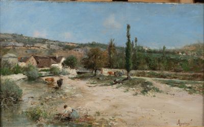 a picture of a painting on a easel that is on display