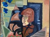 un tableau représentant une femme coiffée d'un chapeau rouge, posé sur une étagère