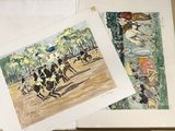 two pictures of people riding horses in a field