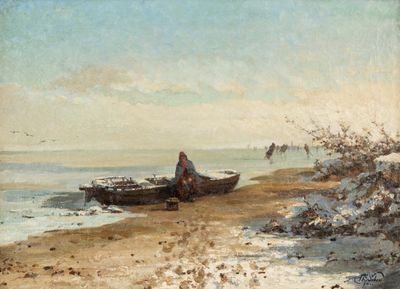 un tableau représentant un homme assis dans un bateau sur la plage
