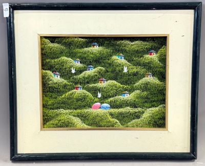 painting of a landscape with houses and trees in a black frame