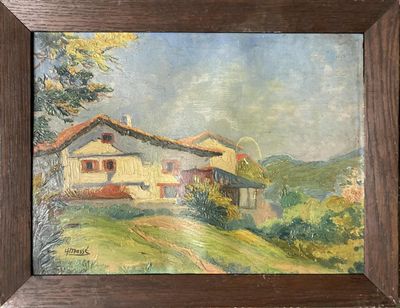 une peinture à l'huile représentant une maison sur une colline avec des arbres en arrière-plan
